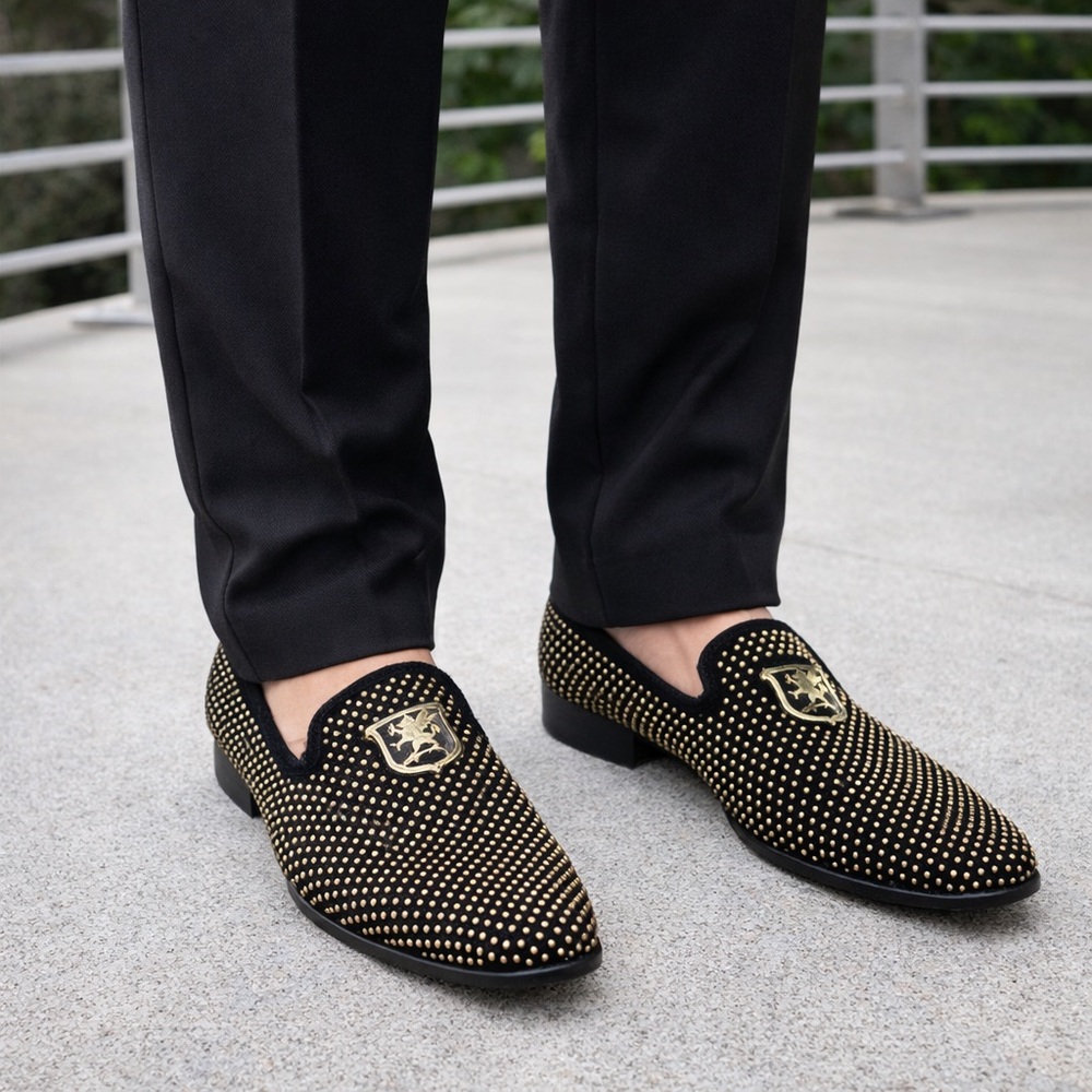 Stacy Adams Men's Swagger Studded Slip-On Loafers Black Size 8.5 Black‎ Gold